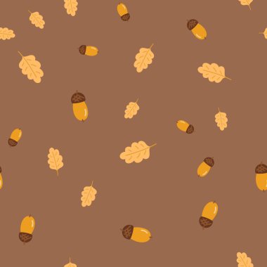 Yapraklar, mantarlar, meşe palamutları dikişsiz desen. Kumaş tasarımı için vektör illüstrasyonu, hediye kağıdı, bebek kıyafetleri, tekstil, kartlar.