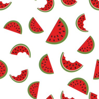 Karpuz dilimlenmemiş desen. Yaz meyvesi ve böğürtlen. Kumaş tasarımı için vektör illüstrasyonu, hediye kağıdı, bebek kıyafetleri, tekstil, kartlar.