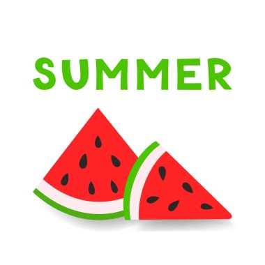 Yaz kartı karpuz dilimi. Yaz meyvesi ve böğürtlen. Web tasarımı için vektör illüstrasyonu, hediye kartları, afiş, reklam, promosyon.