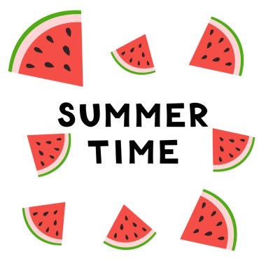Yaz kartı karpuz dilimi. Yaz meyvesi ve böğürtlen. Web tasarımı için vektör illüstrasyonu, hediye kartları, afiş, reklam, promosyon.