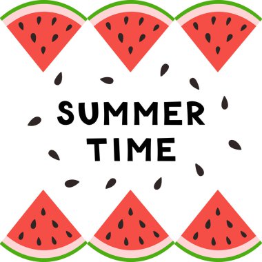 Yaz kartı karpuz dilimi. Yaz meyvesi ve böğürtlen. Web tasarımı için vektör illüstrasyonu, hediye kartları, afiş, reklam, promosyon.