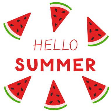 Yaz kartı karpuz dilimi. Yaz meyvesi ve böğürtlen. Web tasarımı için vektör illüstrasyonu, hediye kartları, afiş, reklam, promosyon.