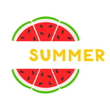 Yaz kartı karpuz dilimi. Yaz meyvesi ve böğürtlen. Web tasarımı için vektör illüstrasyonu, hediye kartları, afiş, reklam, promosyon.