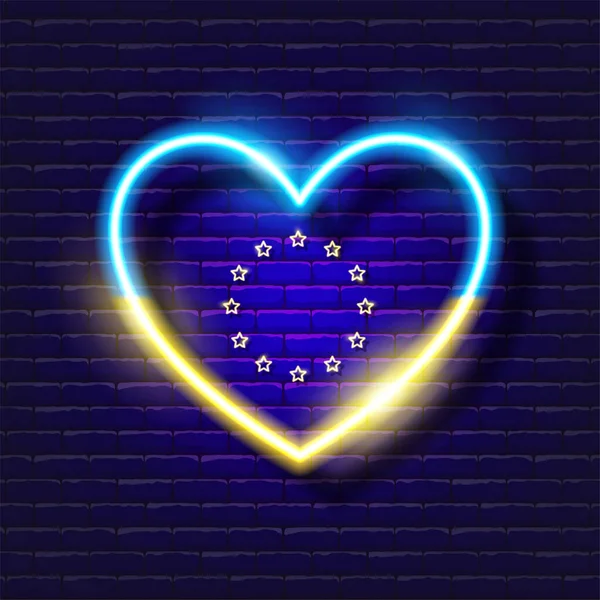 Jour de l'Europe néon signe. L'Europe en Ukraine coeur. Illustration vectorielle pour la conception, célébration, carte, affiche, logo, bannière. Concept L'Union européenne soutient l'Ukraine. — Image vectorielle