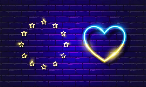 Jour de l'Europe néon signe. L'Europe en Ukraine coeur. Illustration vectorielle pour la conception, célébration, carte, affiche, logo, bannière. Concept L'Union européenne soutient l'Ukraine. — Image vectorielle