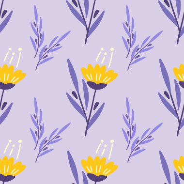 Çiçekler ve yapraklar dikişsiz desen. İskandinav tarzı geçmiş. Kumaş tasarımı için vektör illüstrasyonu, hediye kağıdı, bebek kıyafetleri, tekstil, kartlar.