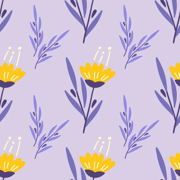 Çiçekler ve yapraklar dikişsiz desen. İskandinav tarzı geçmiş. Kumaş tasarımı için vektör illüstrasyonu, hediye kağıdı, bebek kıyafetleri, tekstil, kartlar.