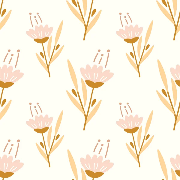 Flores y patrón de hoja sin costura. Fondo de estilo escandinavo. Ilustración vectorial para diseño de tela, papel de regalo, ropa de bebé, textiles, tarjetas. — Vector de stock