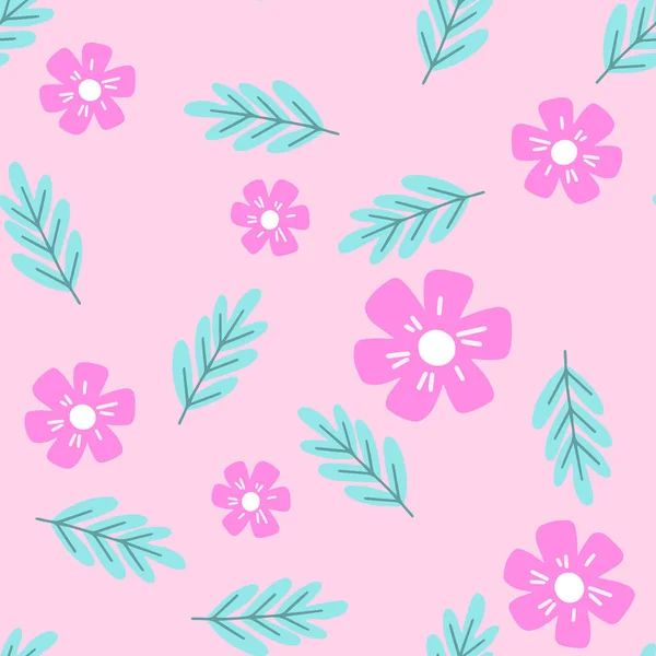 花や葉のシームレスなパターン。北欧風の背景。布のデザインのためのベクトルイラスト,ギフト紙,ベビー服,織物,カード. — ストックベクタ