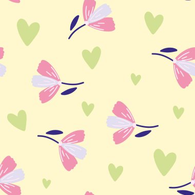 Çiçekler, kalp ve yaprak dikişsiz desen. İskandinav tarzı geçmiş. Kumaş tasarımı için vektör illüstrasyonu, hediye kağıdı, bebek kıyafetleri, tekstil, kartlar