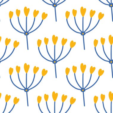 Çiçekler ve yapraklar dikişsiz desen. İskandinav tarzı geçmiş. Kumaş tasarımı için vektör illüstrasyonu, hediye kağıdı, bebek kıyafetleri, tekstil, kartlar