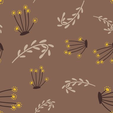 Çiçekler ve yapraklar dikişsiz desen. İskandinav tarzı geçmiş. Kumaş tasarımı için vektör illüstrasyonu, hediye kağıdı, bebek kıyafetleri, tekstil, kartlar