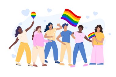 Gurur Günü koleksiyonu için lgbt bayrağı tutan düz insanlar.