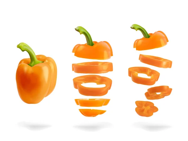 Realistisches Paprika Gemüse Set Ganz Und Scheiben Geschnitten — Stockvektor