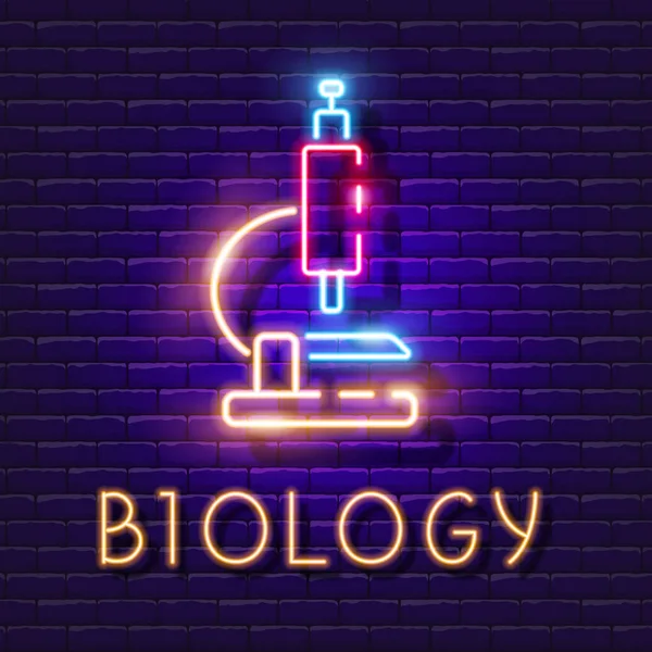 Zářící Prapor Biologie Znamení Neonového Vektoru Mikroskopu — Stockový vektor