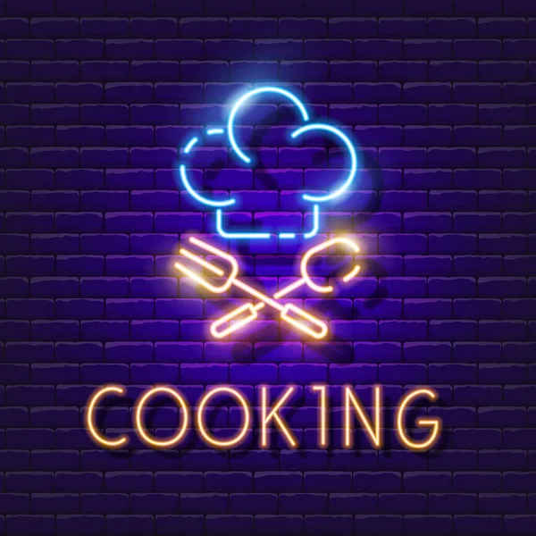Chefs Hat Neon Sign Cutlery Vector Illustration Cooking Lesson Concept — Stock Vector