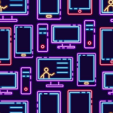 Bilgisayar, telefon ve tablet neon dikişsiz desen. Teknoloji ve aletlerle parlayan vektör arkaplanı.