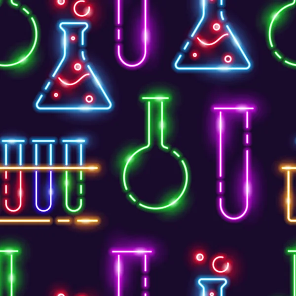 Test Tubes Neon Seamless Pattern Vector Background Laboratory Signs — Stock vektor