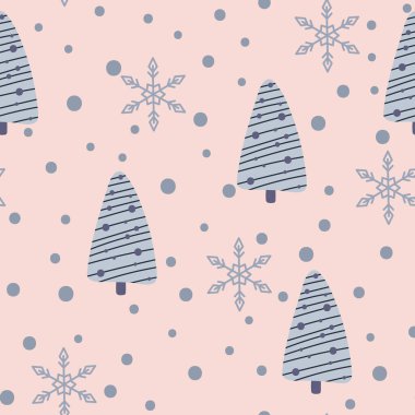 Noel ağacı ve kar taneleri pürüzsüz desen. Yeni Yıl Vektör illüstrasyonu.