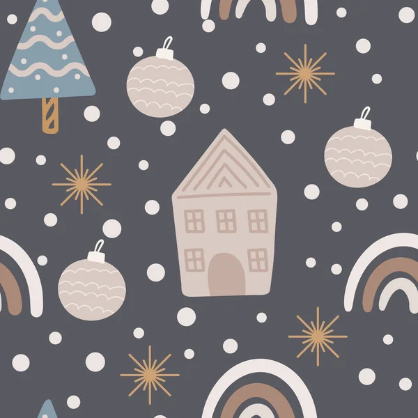 Kerstboom Sneeuwvlok Naadloos Patroon Nieuwjaar Vector Illustratie Scandinavische Stijl — Stockvector