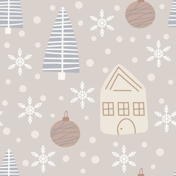 Weihnachtsbaum Und Schneeflocke Nahtloses Muster New Year Vector Illustration Skandinavischen — Stockvektor
