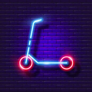 Scooter neon ışığı. Elektrikli scooter parlayan ikonu. Şehir taşımacılığı kavramı