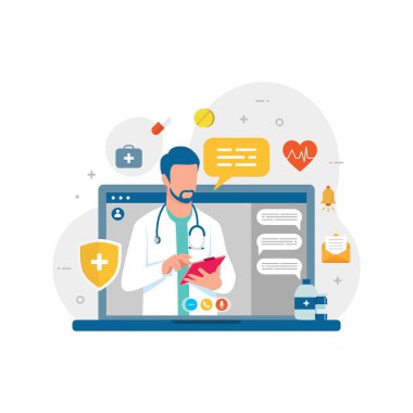 Bilgisayardaki erkek doktor karakterine çevrimiçi doktor muayenesi