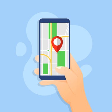 Harita navigasyonu ve tasarım konsepti çizimi ile el ele tutuşan telefon