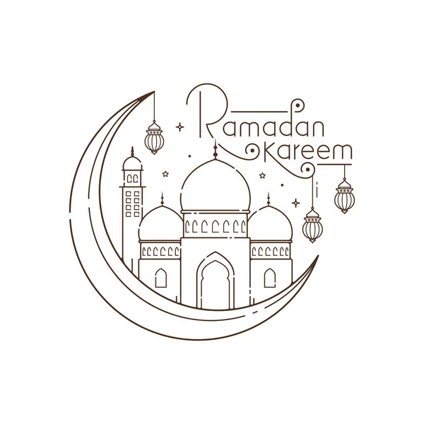 Ramadan Karäem Grußkarte Mit Zeilenkunst Moschee Und Schriftzug Typografie Vektorillustration — Stockvektor
