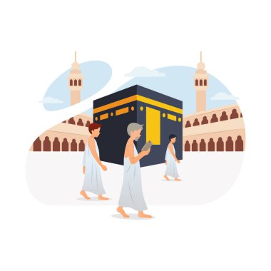 Tawaf Kabe 'nin etrafında yedi kez dolaşıyor. Hac ve umrah vektör illüstrasyonu