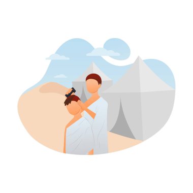 Tıraş olmuş, hacı ve umrah olan Tahallul. Saç hacılarının vektör illüstrasyonunu kes ve kaldır