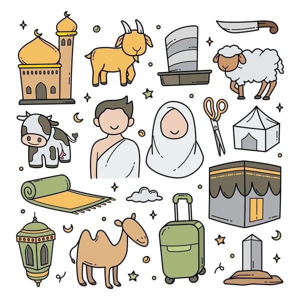 Hajj Umrah Doodle Χέρι Που Κινούμενα Σχέδια Muslim Eid Adha — Διανυσματικό Αρχείο