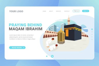 Seyahat hizmeti işi web sitesi ve düz tasarım konsepti illüstrasyonlu mobil web için Hac ve umrah iniş sayfası şablonu