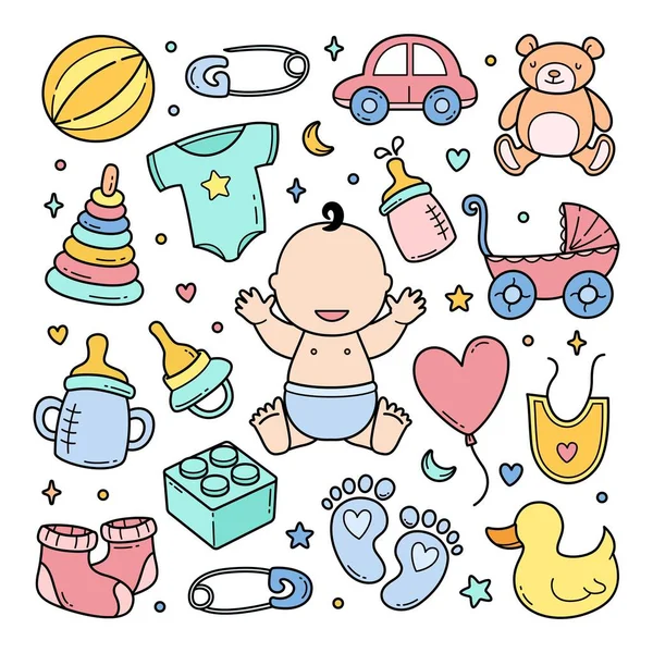 Acessórios Para Bebê Doodle Mão Desenhada Vetor Clip Objetos Arte — Vetor de Stock