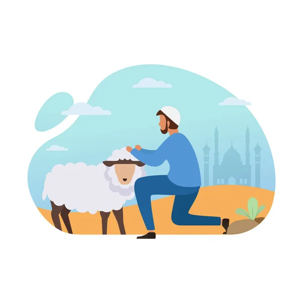 Cute Eid Adha Background Illustration Man Holding Sheep — Stock Vector