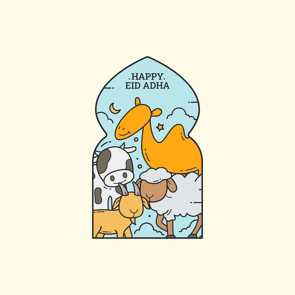 Happy Eid Adha Mubarak Greeting Card Animal Sacrifice Line Art — Image vectorielle