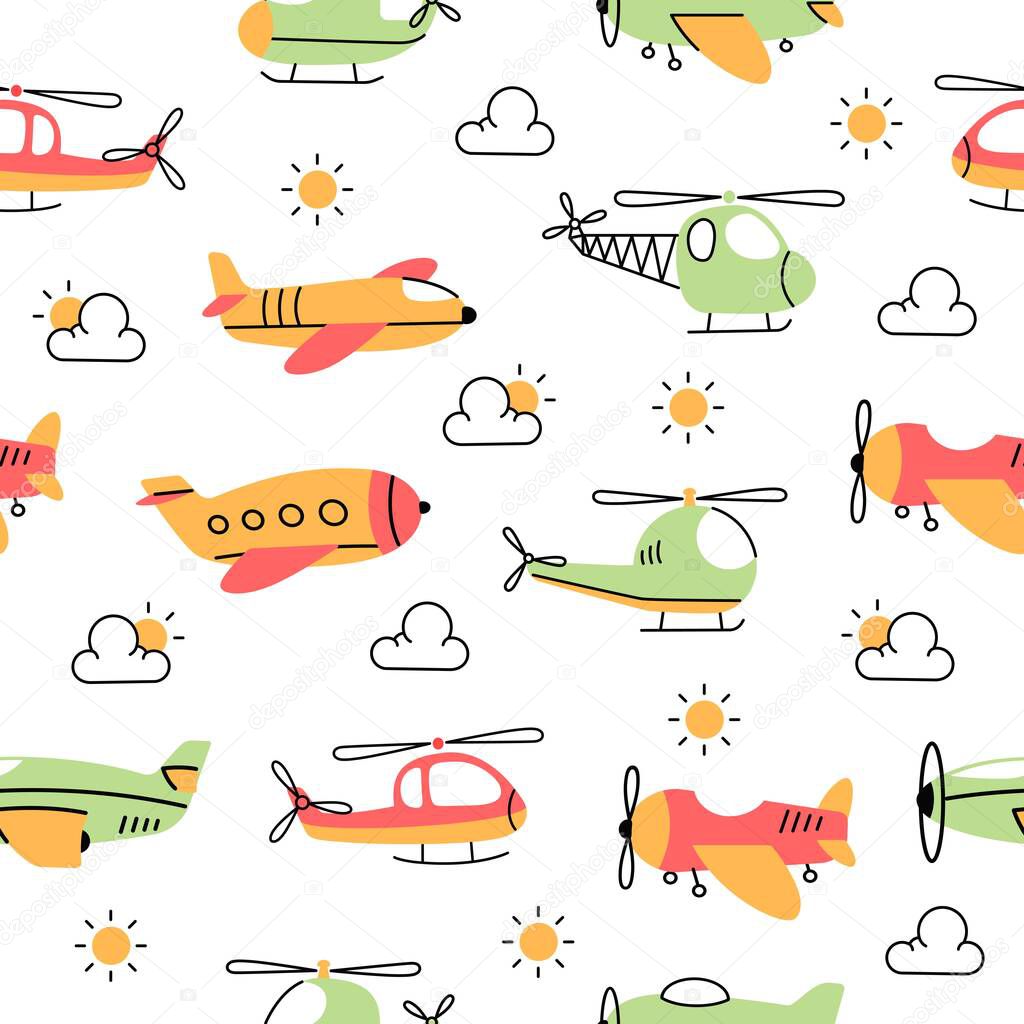 Airplane and helicopter doodle cartoon kids seamless pattern