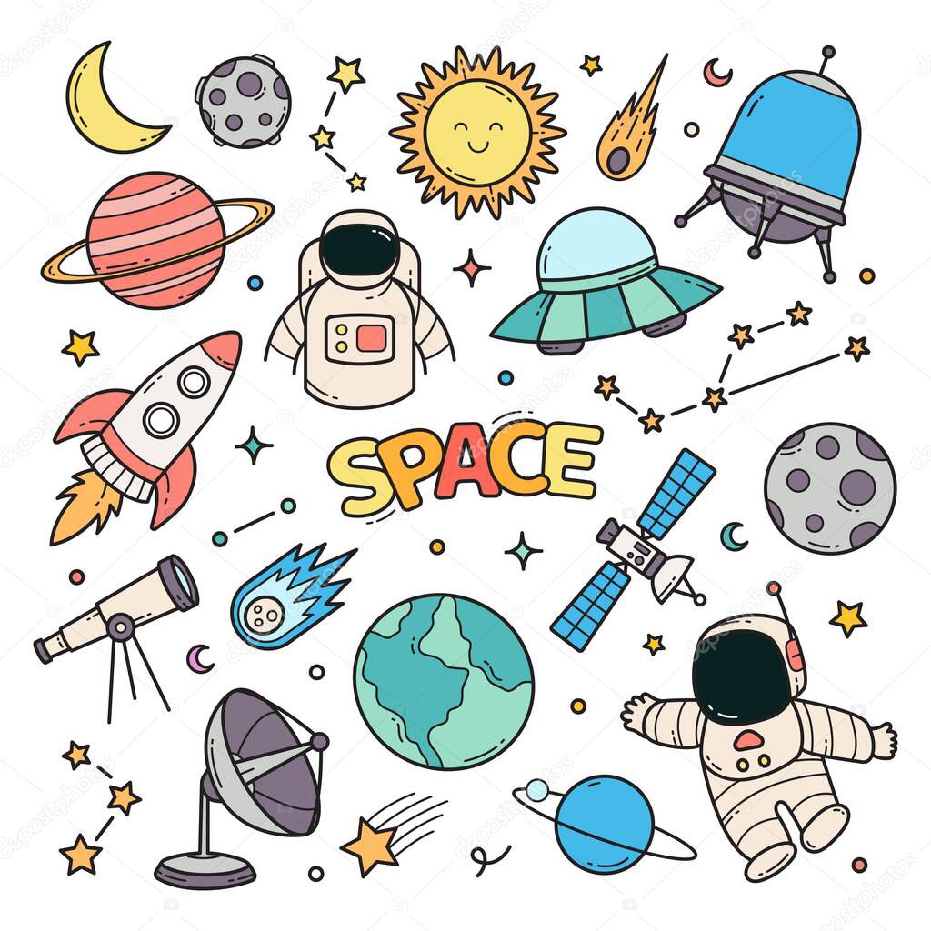 Space doodle hand drawn vector clip art objects illustration