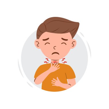 Grip belirtileri ve çocuk karakterdeki semptomlar. Ateşli, sümüklü, öksüren, başı dönen ve boğaz ağrısı olan çocuk.