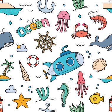 Ocean doodle seamless pattern background vector illustration