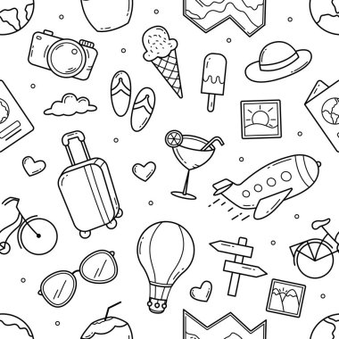 Travel doodle seamless pattern background vector illustration
