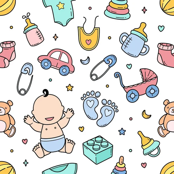 Baby Accessories Doodle Seamless Pattern Background Vector Illustration — Stockový vektor