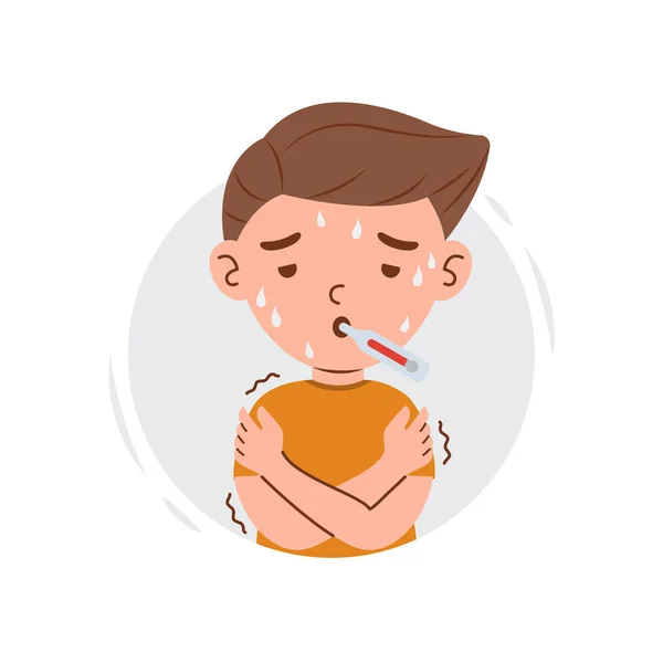 Flu Disease Signs Symptoms Kid Boy Character Cartoon Kid Boy — Stock Vector