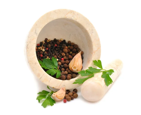 Marble mortar and spices — Stock Photo, Image