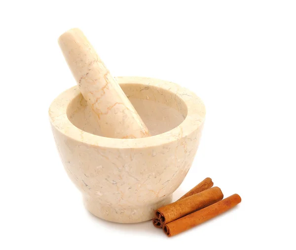Marble mortar and cinnamon — Stock Photo, Image