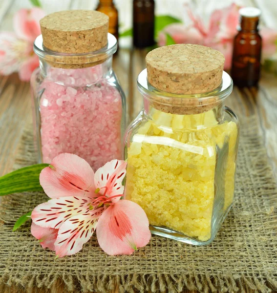 Sea salt in glass bottles — Stock Photo, Image