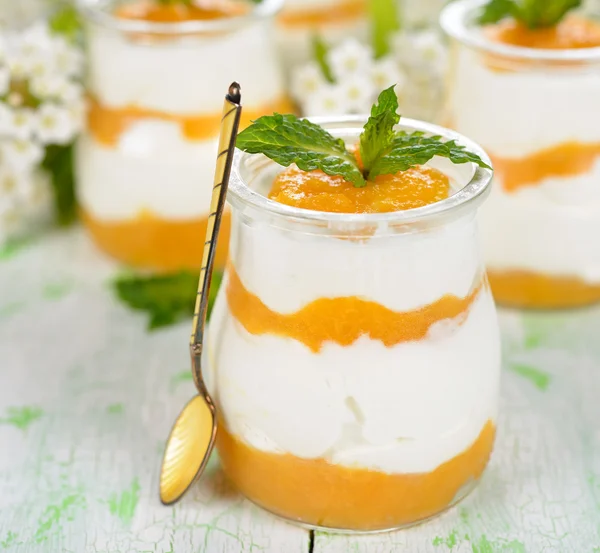 Fruit dessert in a small jar — Stock Photo, Image