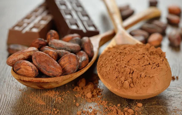 Cocoa in a wooden spoon — Stock Photo, Image
