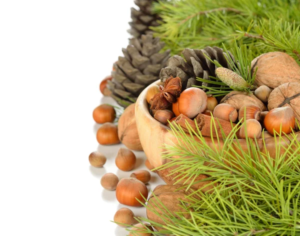 Nuts in a wooden bowl — Stock Photo, Image