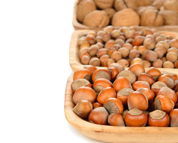 Hazelnuts in a wooden bowl — Stock Photo, Image